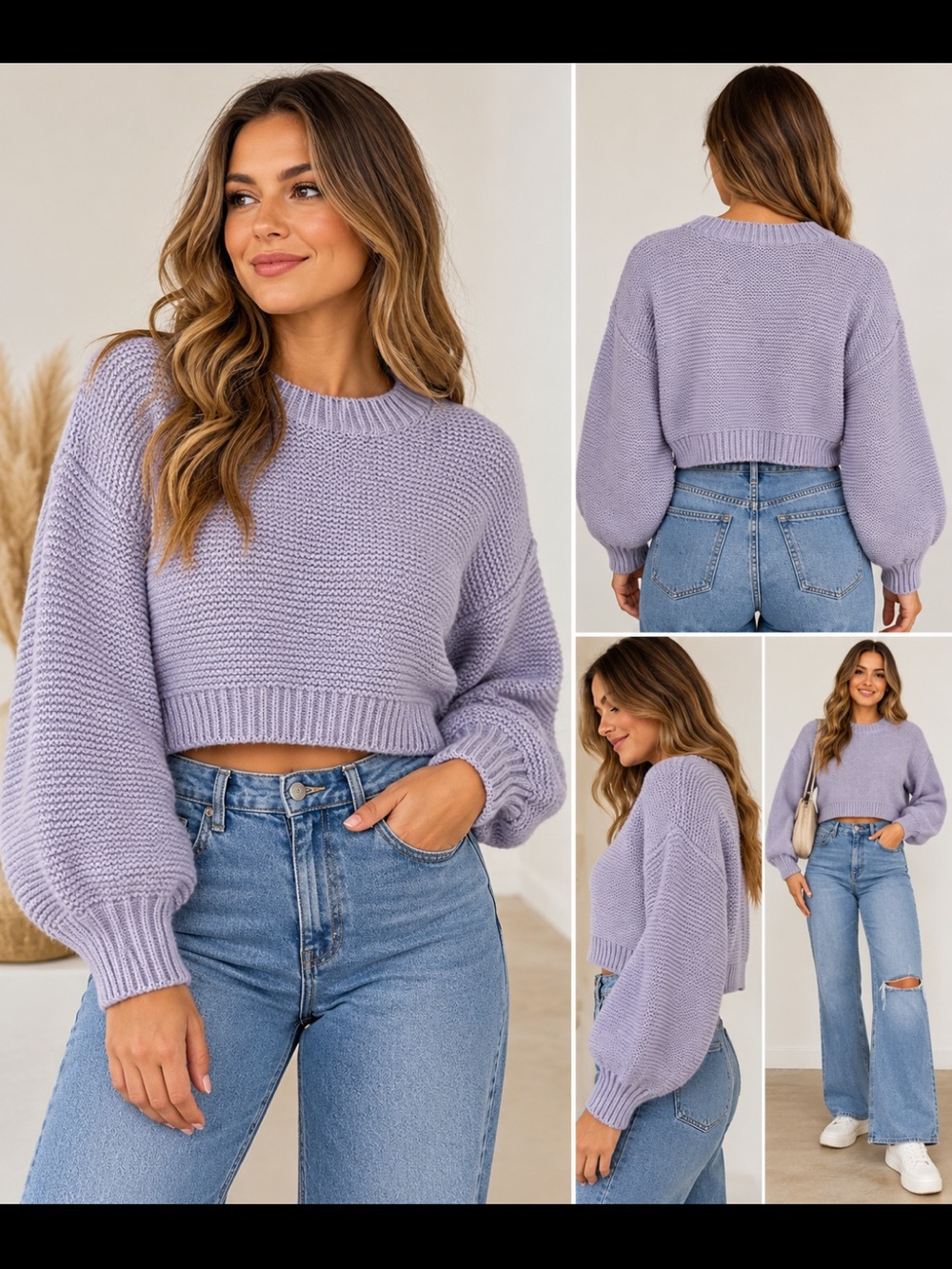 Lavender Purple Cropped Chunky Knit Sweater Balloon Sleeves Size M